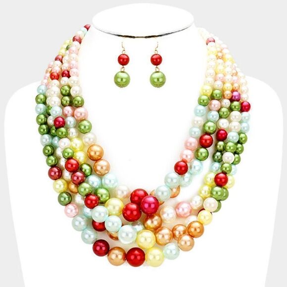 core Jewelry -  Pearl (faux) 5 Strand Multi-Colored Necklace & Earring Set by core